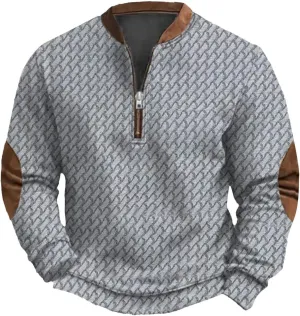 Mens Quarter Zip Sweater 3D Pattern Sweatshirts Casual Long Sleeve Retro Imitation Knit Printed Pullover Shirts