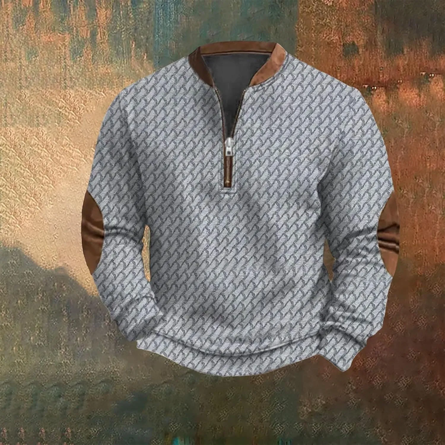 Mens Quarter Zip Sweater 3D Pattern Sweatshirts Casual Long Sleeve Retro Imitation Knit Printed Pullover Shirts