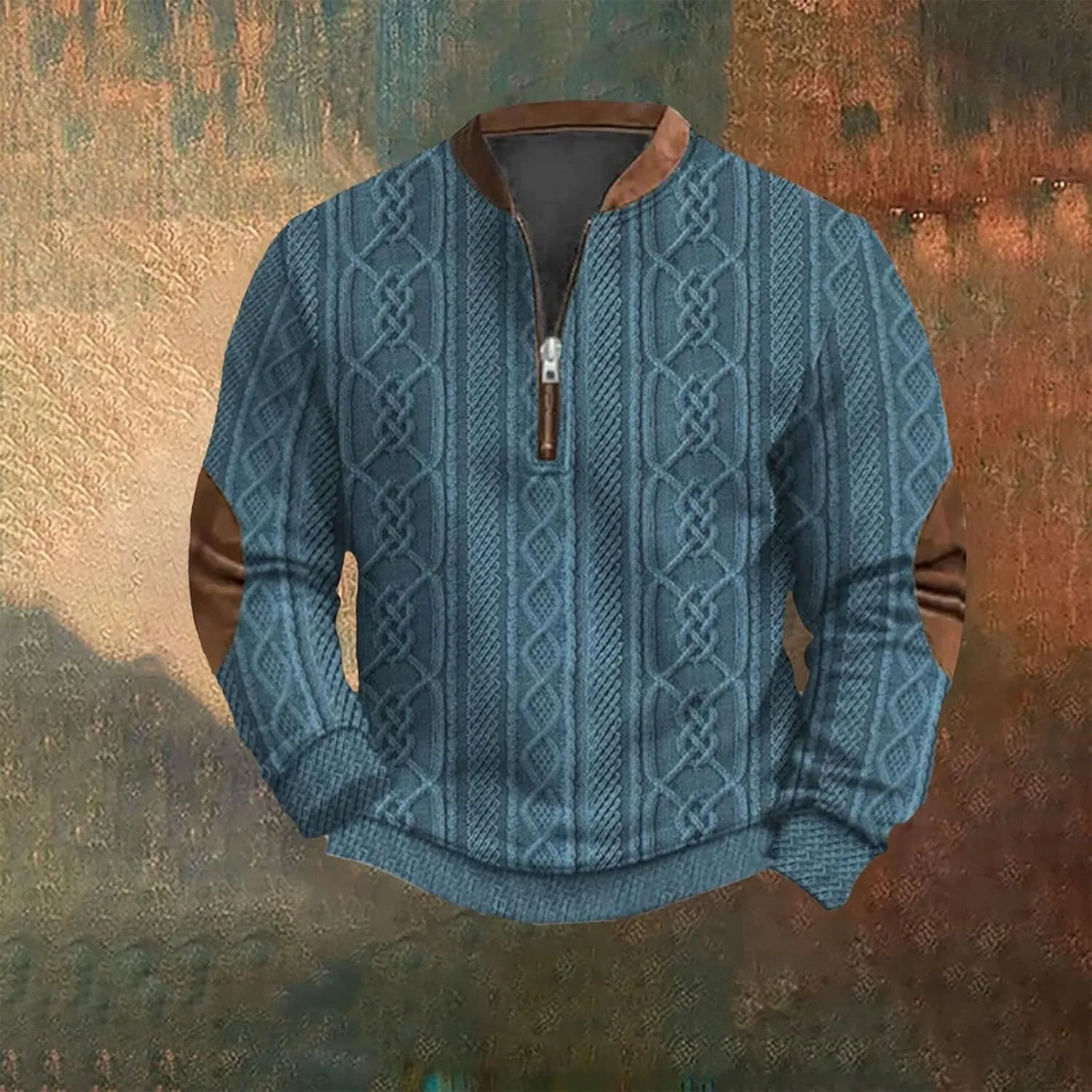 Mens Quarter Zip Sweater 3D Pattern Sweatshirts Casual Long Sleeve Retro Imitation Knit Printed Pullover Shirts