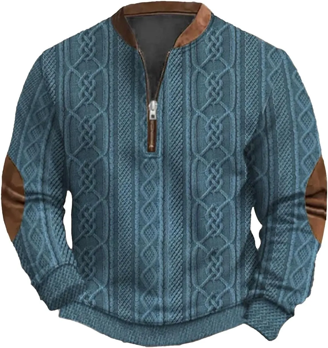 Mens Quarter Zip Sweater 3D Pattern Sweatshirts Casual Long Sleeve Retro Imitation Knit Printed Pullover Shirts