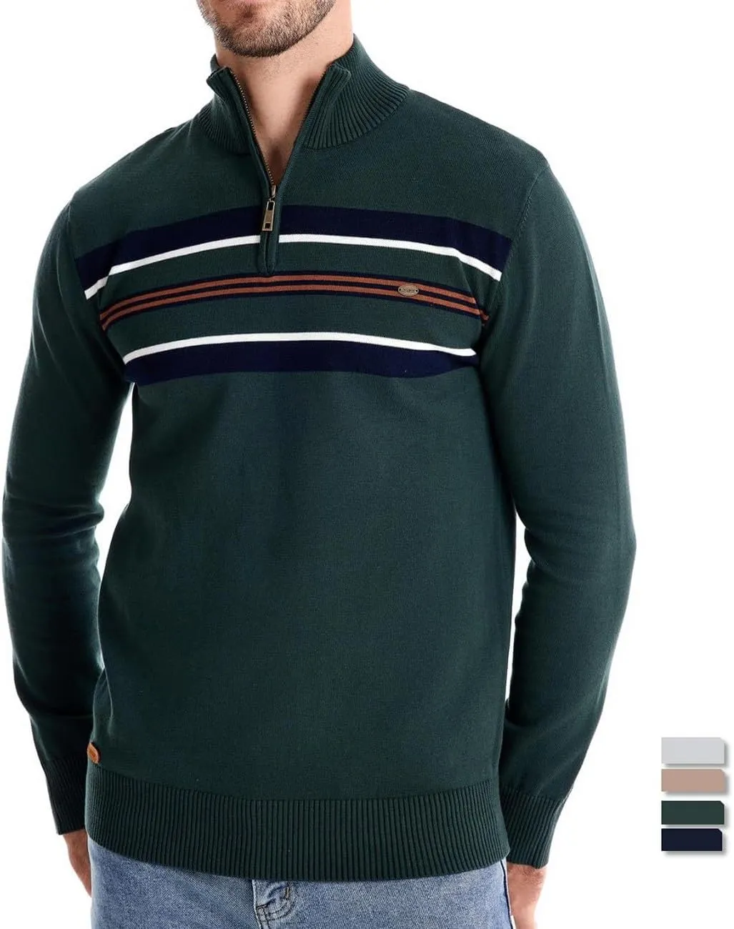 Mens Quarter Zip Sweater Striped Print Turtleneck Pullover Sweater Winter Long Sleeve Business Casual Knit Polo Shirt