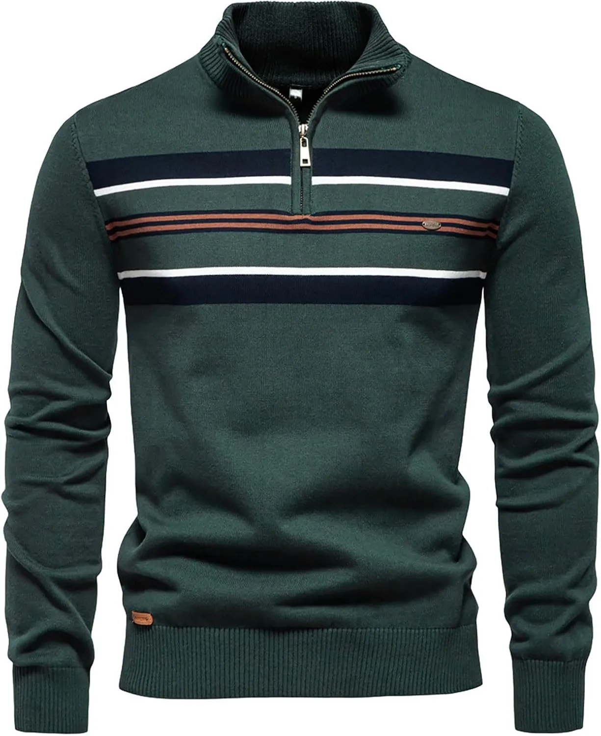 Mens Quarter Zip Sweater Striped Print Turtleneck Pullover Sweater Winter Long Sleeve Business Casual Knit Polo Shirt