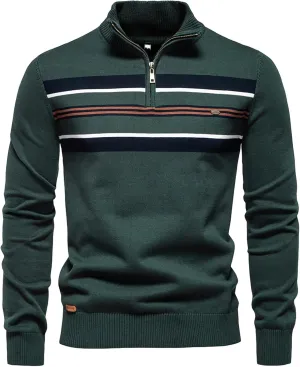 Mens Quarter Zip Sweater Striped Print Turtleneck Pullover Sweater Winter Long Sleeve Business Casual Knit Polo Shirt
