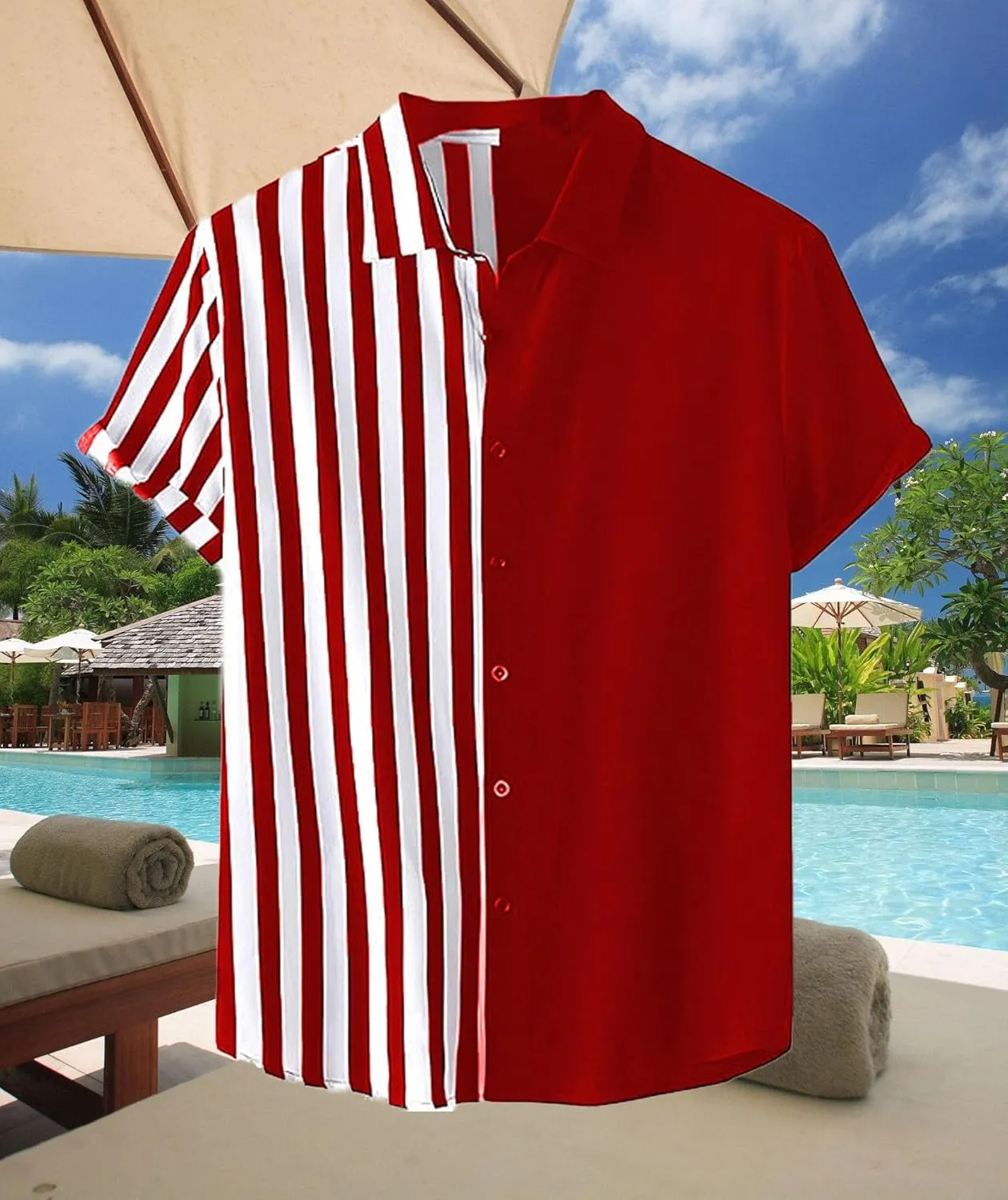 Mens Short Sleeve Button Down Shirt Casual Summer Striped Shirts Patchwork Hawaiian Print Beach Top