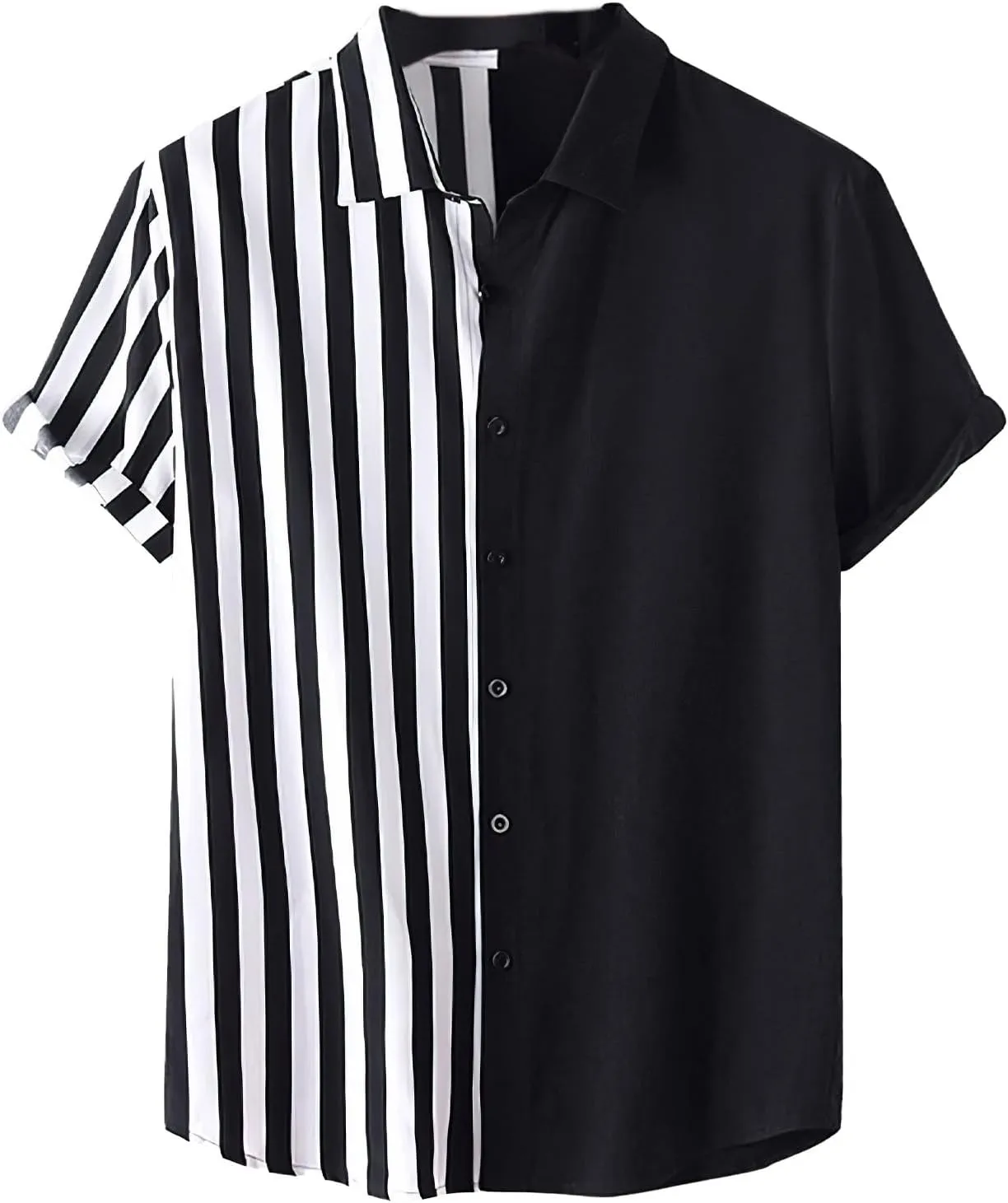 Mens Short Sleeve Button Down Shirt Casual Summer Striped Shirts Patchwork Hawaiian Print Beach Top