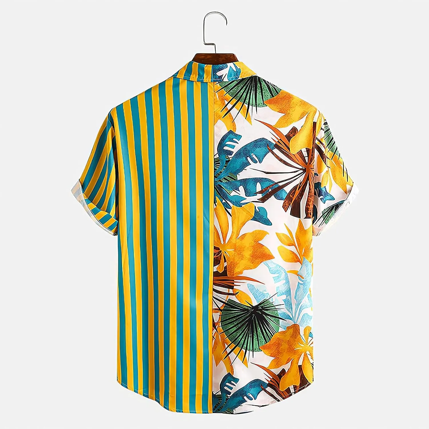 Mens Short Sleeve Button Down Shirt Casual Summer Striped Shirts Patchwork Hawaiian Print Beach Top