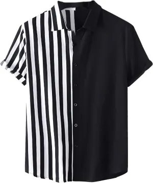 Mens Short Sleeve Button Down Shirt Casual Summer Striped Shirts Patchwork Hawaiian Print Beach Top