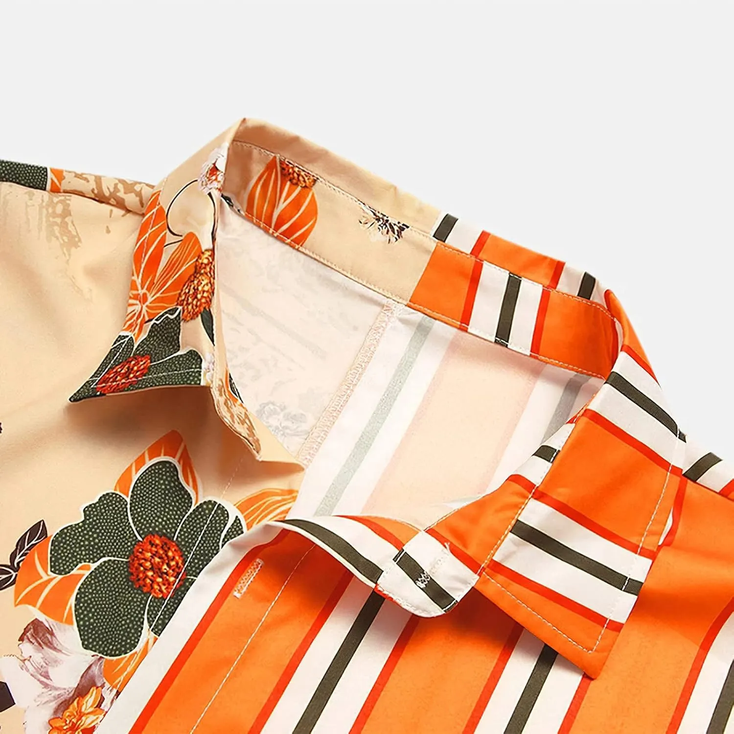 Mens Short Sleeve Button Down Shirt Casual Summer Striped Shirts Patchwork Hawaiian Print Beach Top