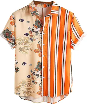 Mens Short Sleeve Button Down Shirt Casual Summer Striped Shirts Patchwork Hawaiian Print Beach Top
