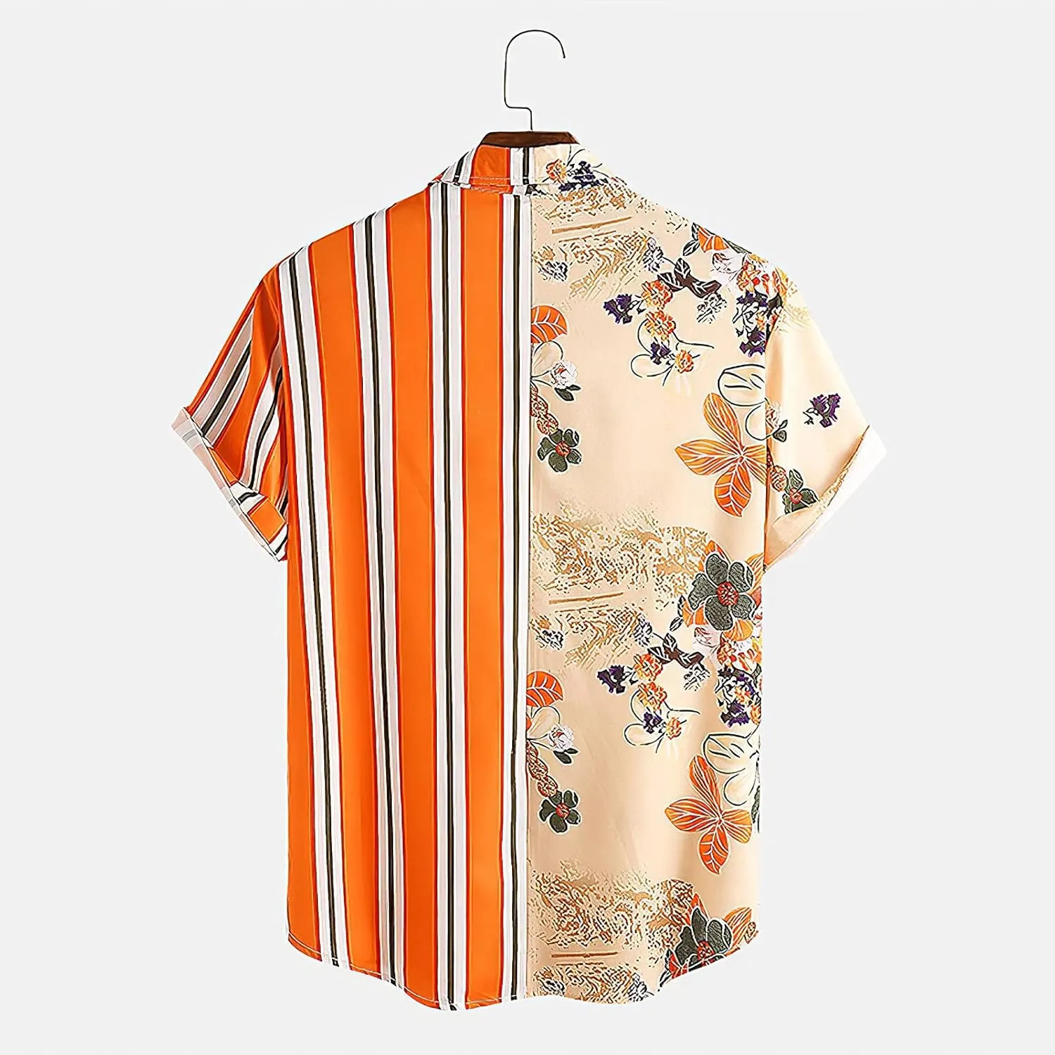 Mens Short Sleeve Button Down Shirt Casual Summer Striped Shirts Patchwork Hawaiian Print Beach Top