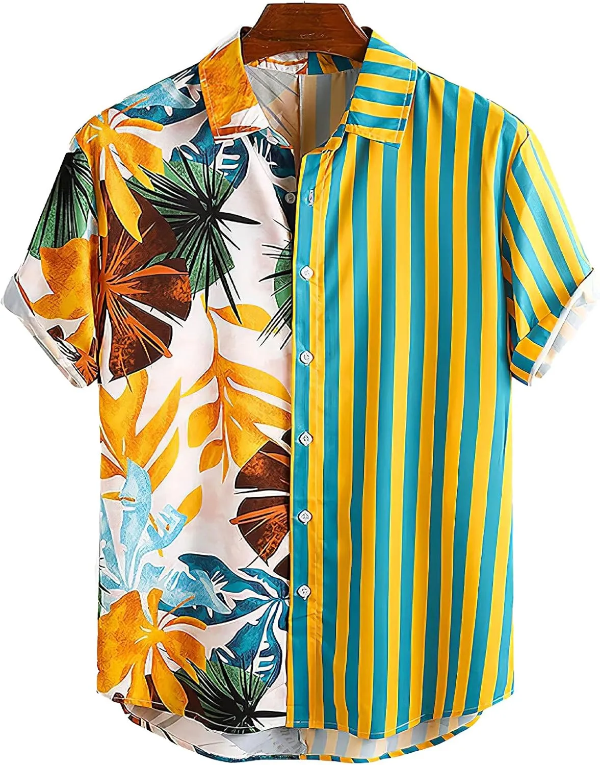 Mens Short Sleeve Button Down Shirt Casual Summer Striped Shirts Patchwork Hawaiian Print Beach Top