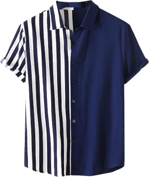Mens Short Sleeve Button Down Shirt Casual Summer Striped Shirts Patchwork Hawaiian Print Beach Top