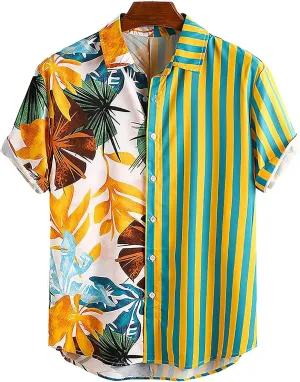 Mens Short Sleeve Button Down Shirt Casual Summer Striped Shirts Patchwork Hawaiian Print Beach Top
