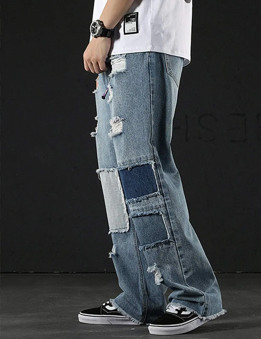Men's Street Hip Hop Loose Straight Distressed Ripped Patchwork Skateboard Denim Jeans Pants