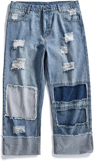Men's Street Hip Hop Loose Straight Distressed Ripped Patchwork Skateboard Denim Jeans Pants