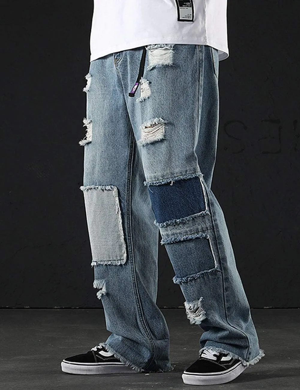 Men's Street Hip Hop Loose Straight Distressed Ripped Patchwork Skateboard Denim Jeans Pants