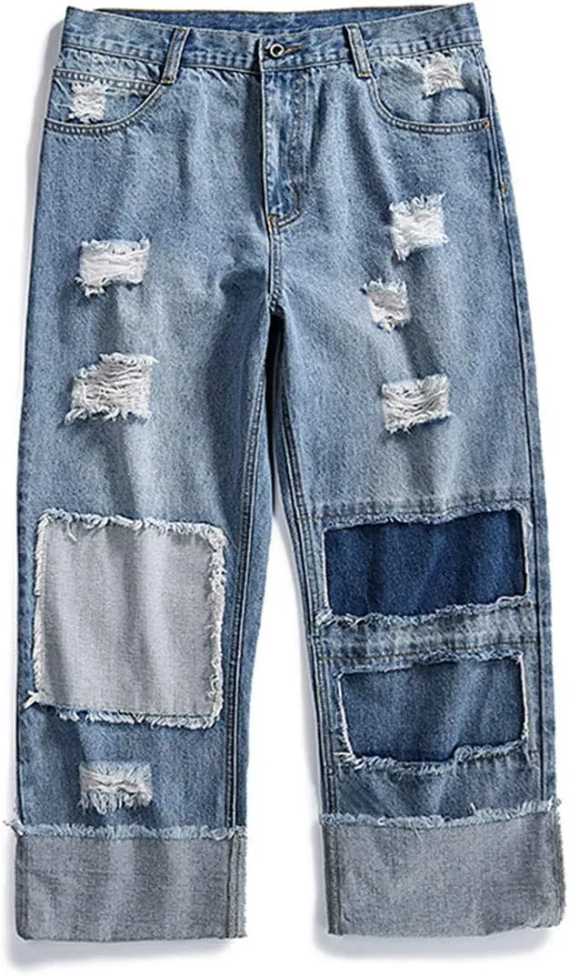 Men's Street Hip Hop Loose Straight Distressed Ripped Patchwork Skateboard Denim Jeans Pants