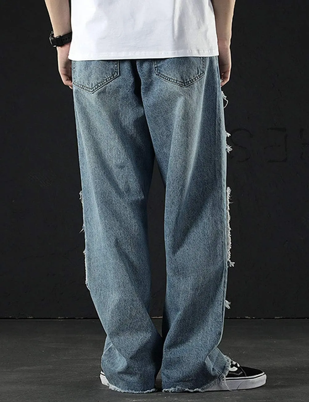 Men's Street Hip Hop Loose Straight Distressed Ripped Patchwork Skateboard Denim Jeans Pants
