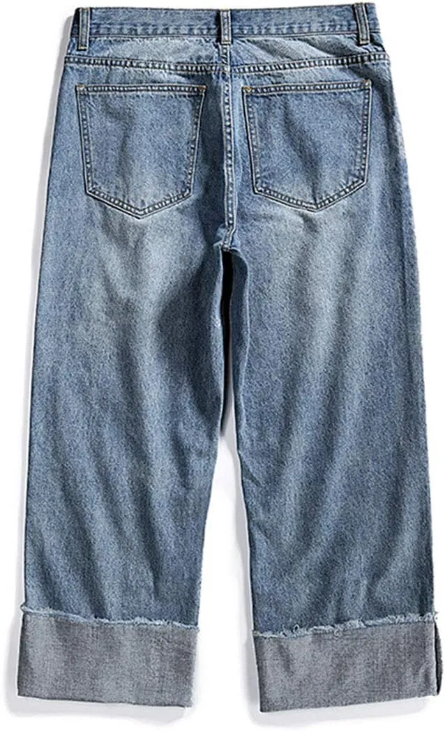 Men's Street Hip Hop Loose Straight Distressed Ripped Patchwork Skateboard Denim Jeans Pants