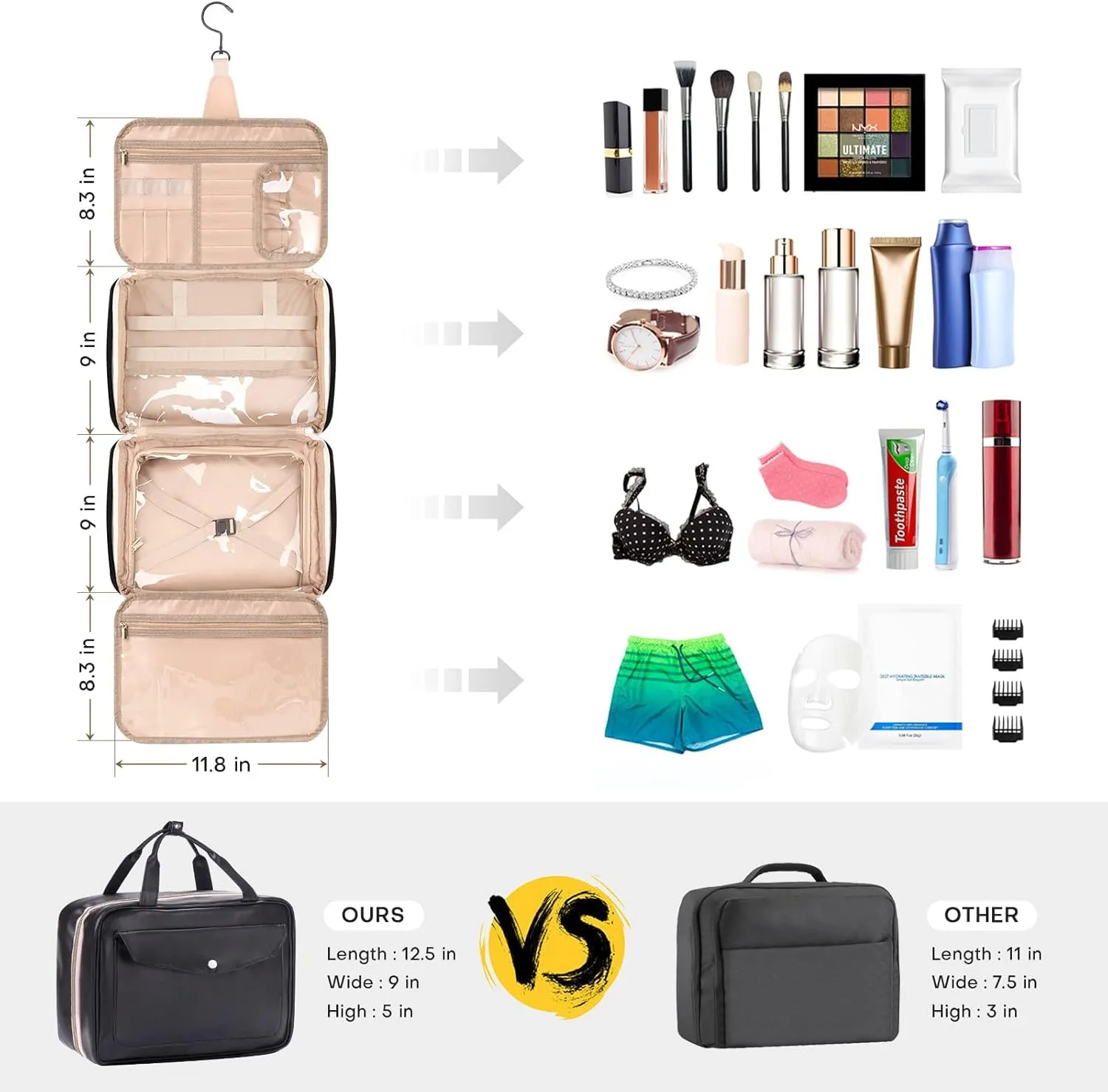 Mens Toiletry Travel Bag，Hanging Travel Toiletry Bag for Men,Large Makeup Bag for Women,Water-resistant PU Leather Dopp Kit For Full Sized Toiletries,Cosmetics Travel Organizer for Accessories