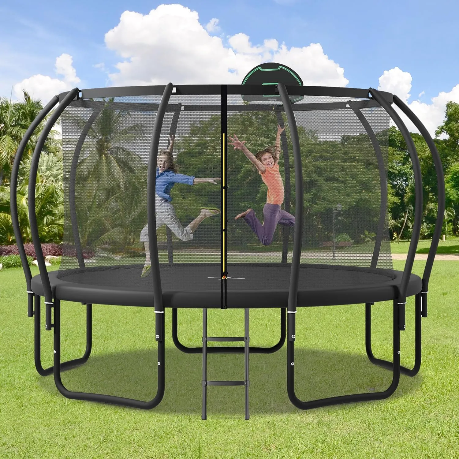 Merax Outdoor Trampoline 12FT 14FT 15FT 16FT Trampoline for Kids and Adults with Basketball Hoop, Enclosure Net & Ladder, 1500LBS ASTM Approval Outdoor Recreational Trampolines