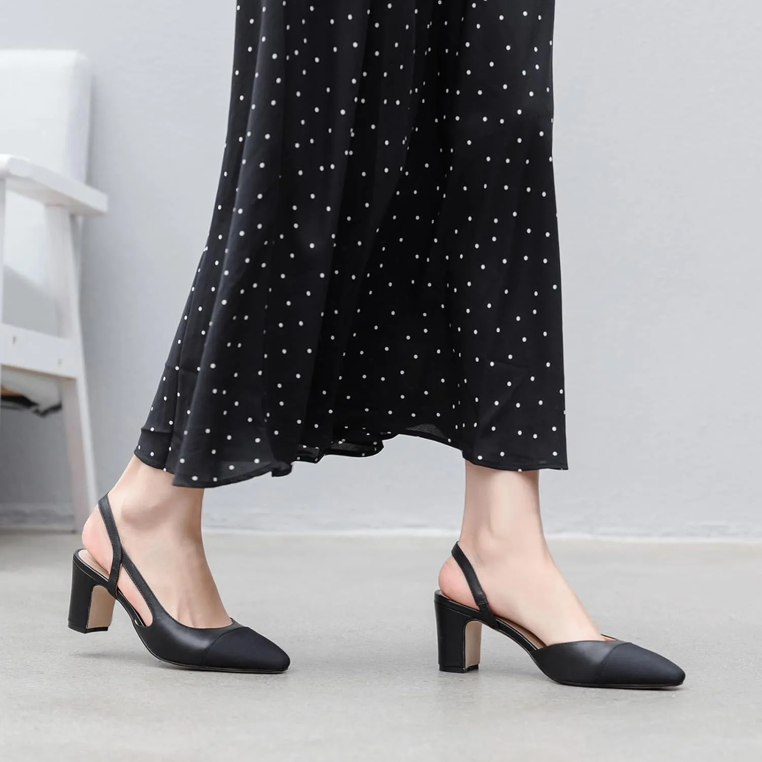 MICIFA Slingback Heels for Women，Round Toe Chunky Heeled Pumps Ankle Strap Fashion Splicing Dress Shoes