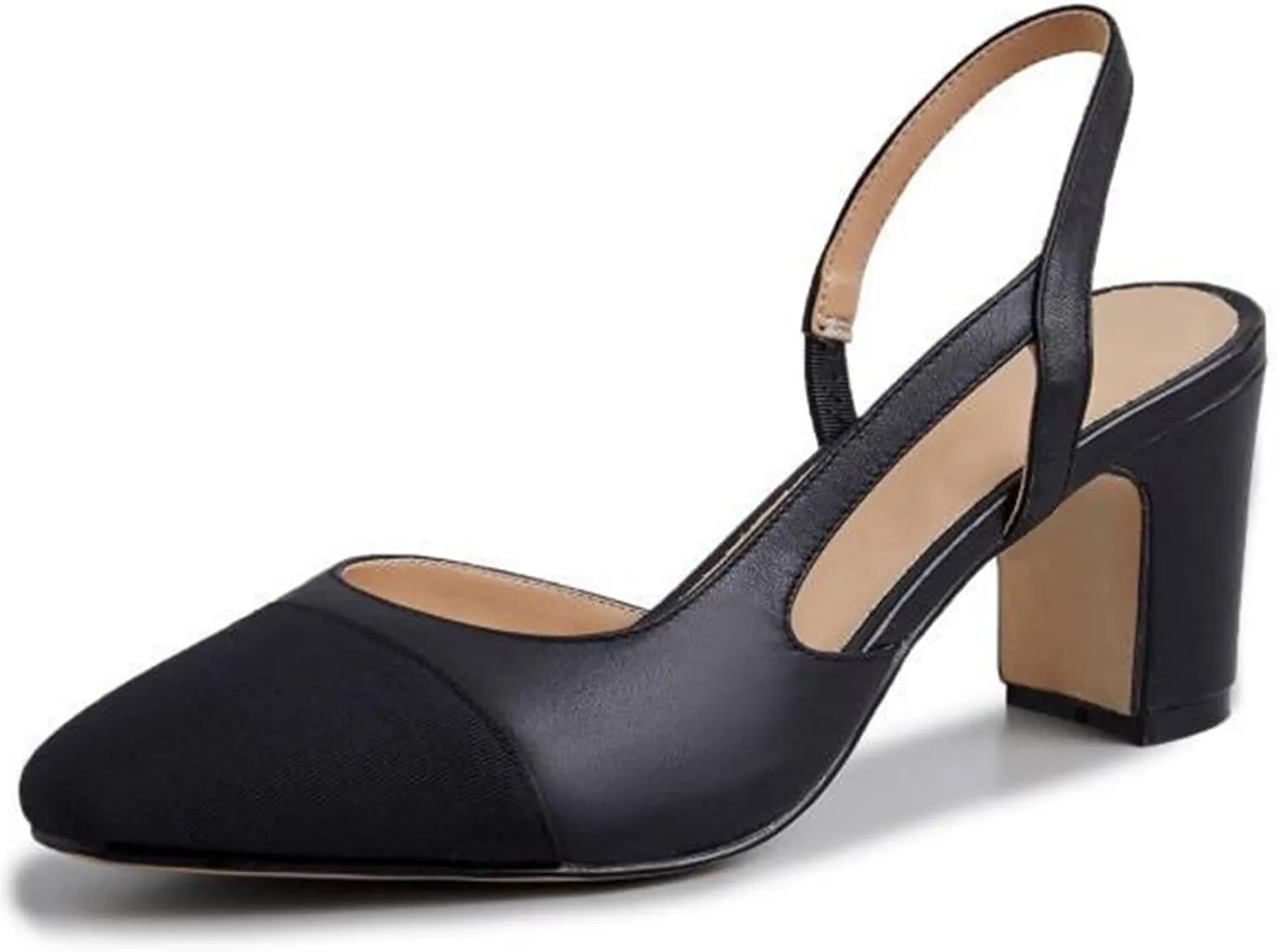 MICIFA Slingback Heels for Women，Round Toe Chunky Heeled Pumps Ankle Strap Fashion Splicing Dress Shoes