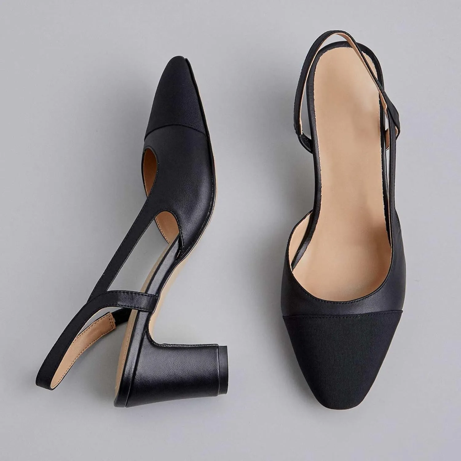 MICIFA Slingback Heels for Women，Round Toe Chunky Heeled Pumps Ankle Strap Fashion Splicing Dress Shoes