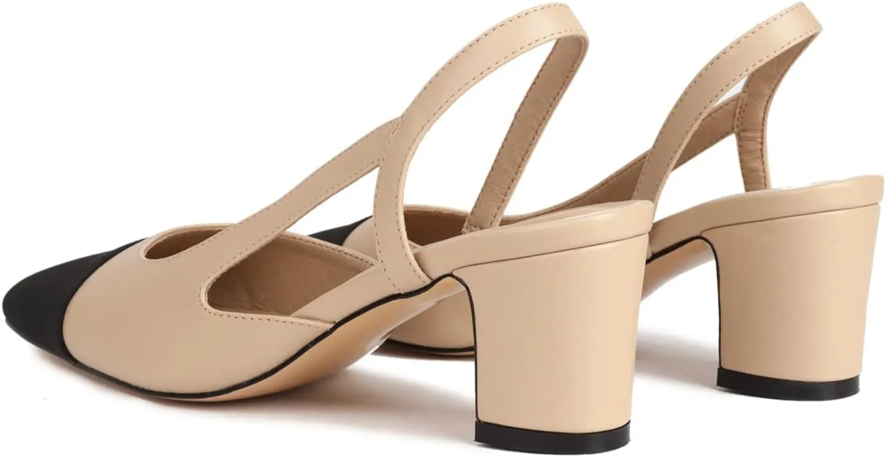 MICIFA Slingback Heels for Women，Round Toe Chunky Heeled Pumps Ankle Strap Fashion Splicing Dress Shoes