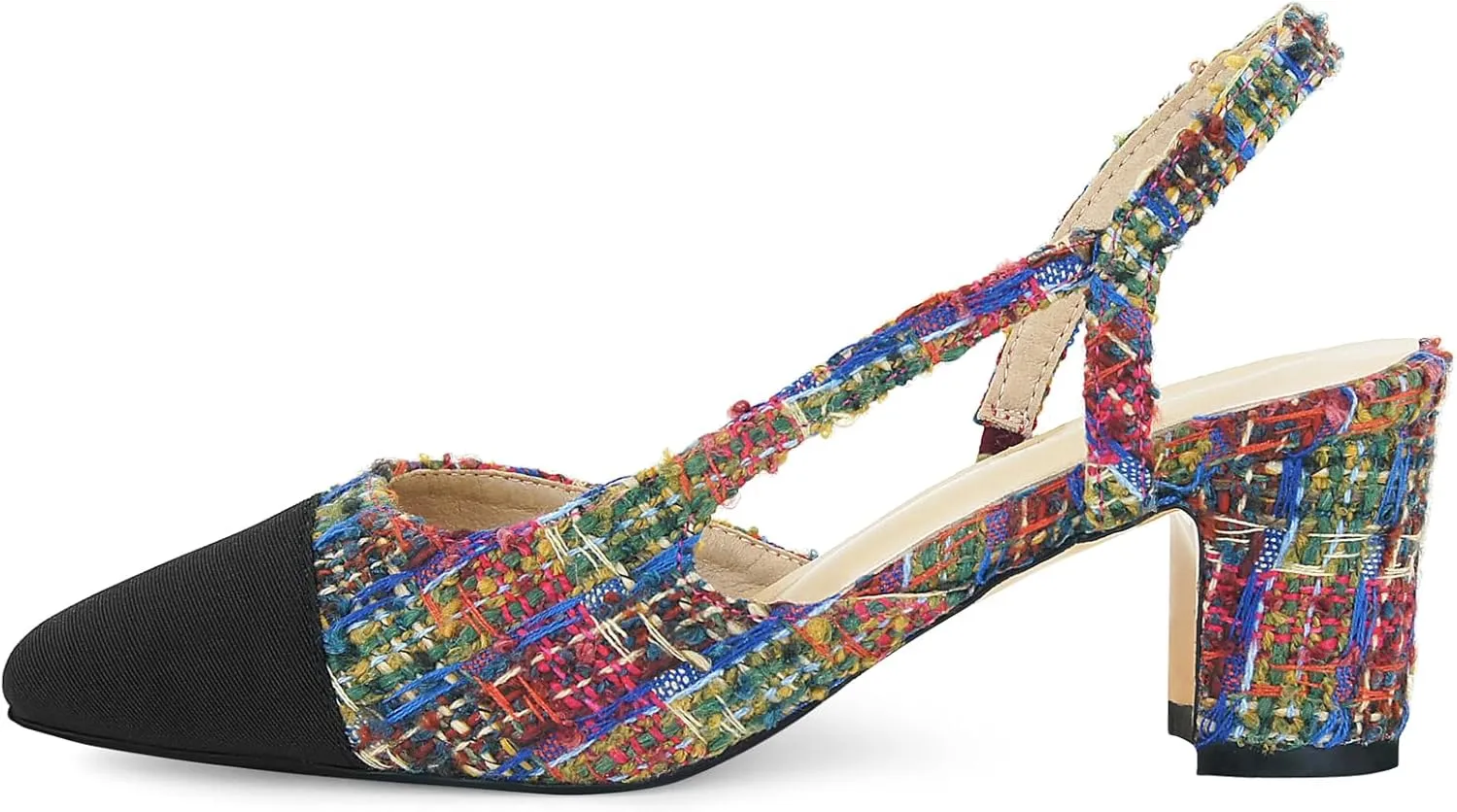 MICIFA Slingback Heels for Women，Round Toe Chunky Heeled Pumps Ankle Strap Fashion Splicing Dress Shoes