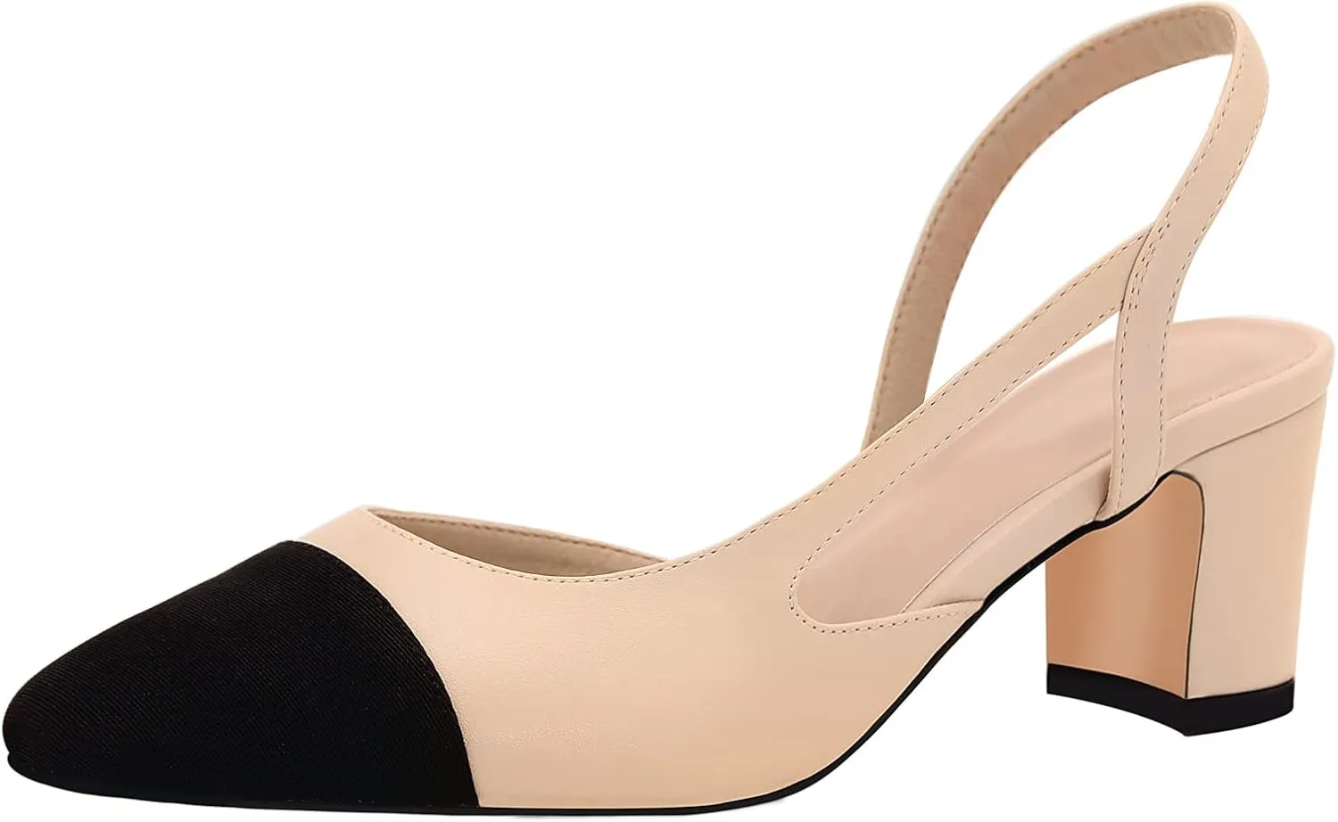 MICIFA Slingback Heels for Women，Round Toe Chunky Heeled Pumps Ankle Strap Fashion Splicing Dress Shoes