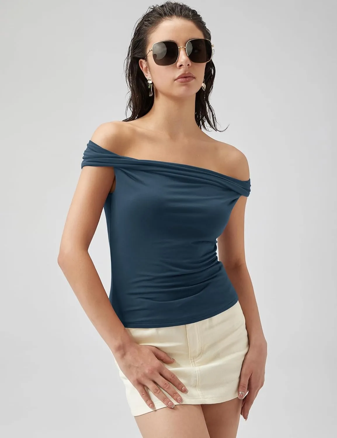 Micoson Womens Off The Shoulder Tops Boat Neck Twist Sleeveless Shirts Going Out Top Slim Fit Summer T-Shirt Y2K Clothing