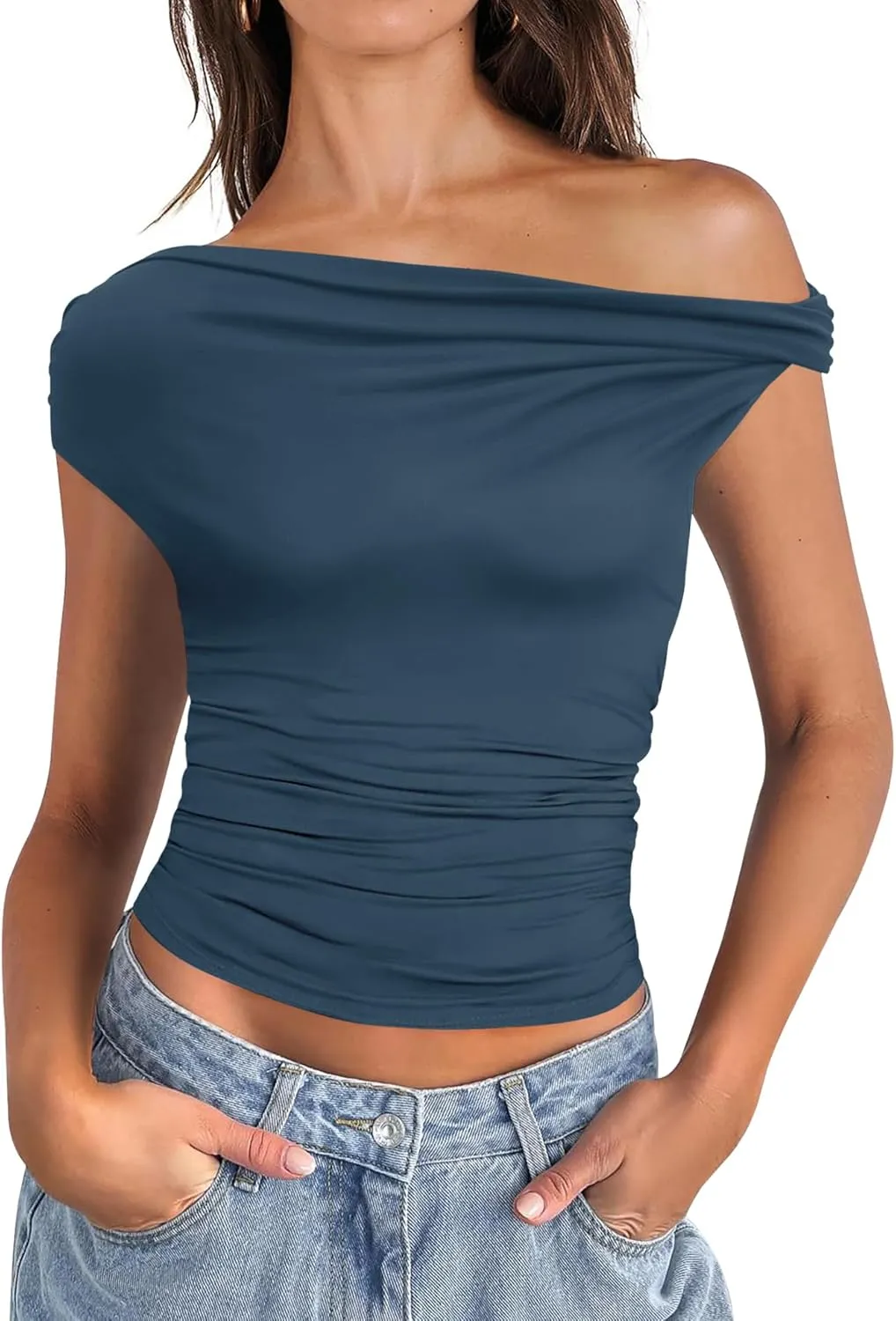 Micoson Womens Off The Shoulder Tops Boat Neck Twist Sleeveless Shirts Going Out Top Slim Fit Summer T-Shirt Y2K Clothing