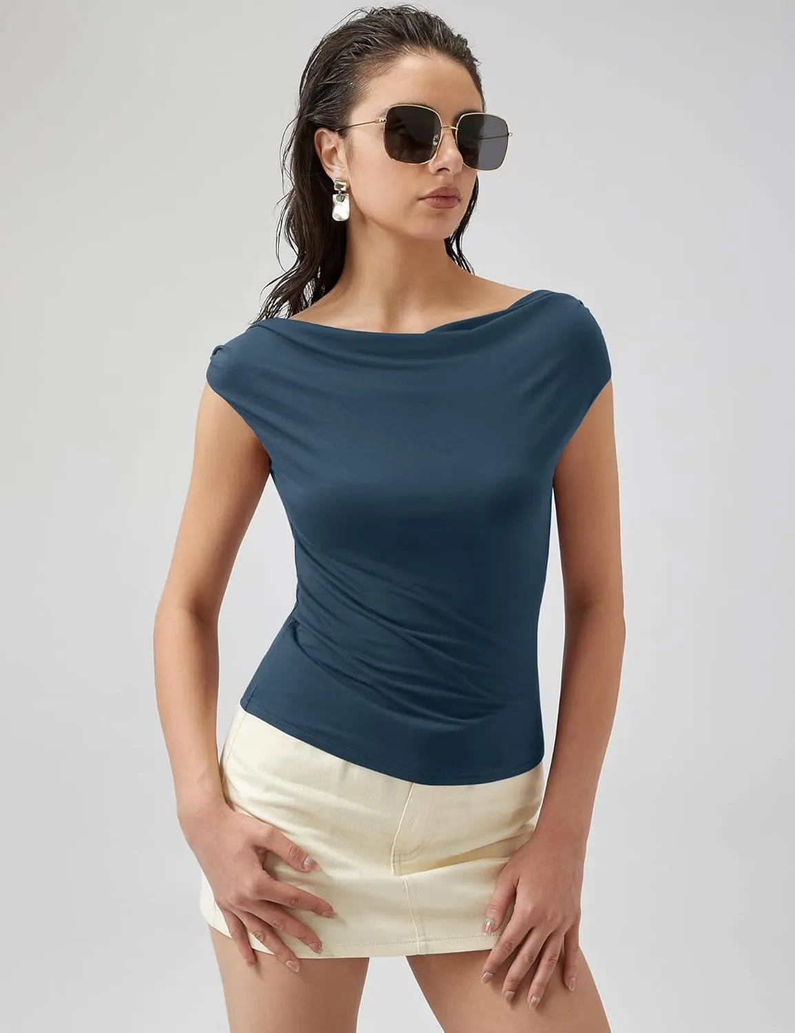 Micoson Womens Off The Shoulder Tops Boat Neck Twist Sleeveless Shirts Going Out Top Slim Fit Summer T-Shirt Y2K Clothing