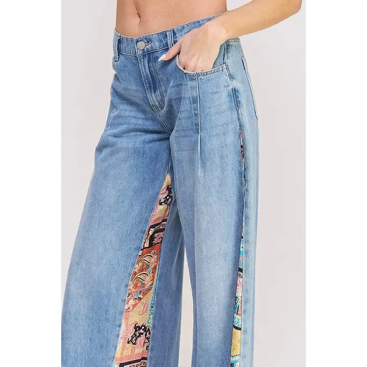 Mid Rise Paisley Print Patchwork Straight Leg Pant