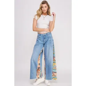 Mid Rise Paisley Print Patchwork Straight Leg Pant