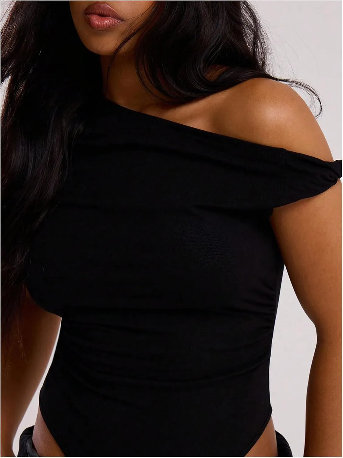 Milumia Women's One Off Shoulder Twist Asymmetrical Bodysuit Short Sleeve Leotard Tops