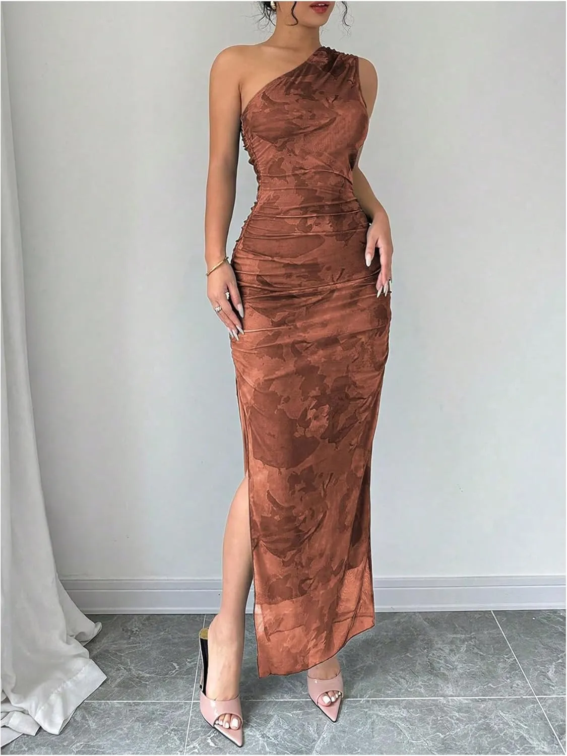 Milumia Women's Printed One Shoulder Bodycon Dresses Sleeveless Asymmetrical Neck Ruched Slit Maxi Dress