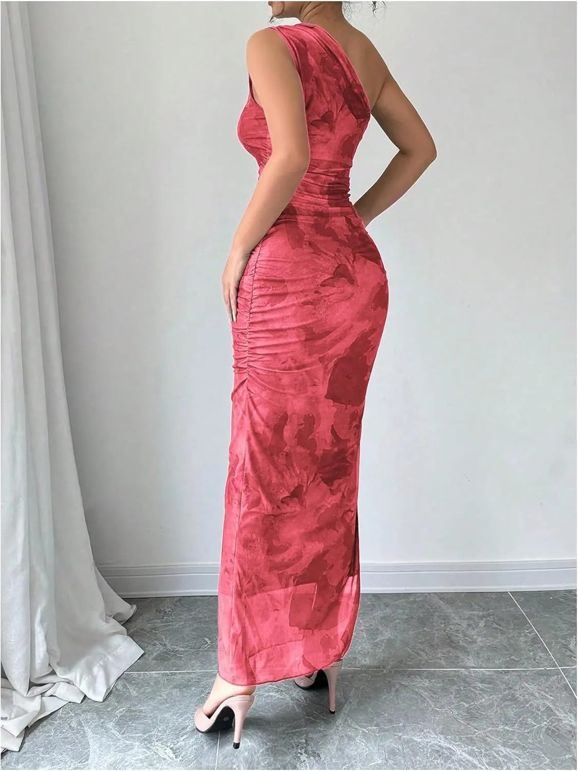 Milumia Women's Printed One Shoulder Bodycon Dresses Sleeveless Asymmetrical Neck Ruched Slit Maxi Dress