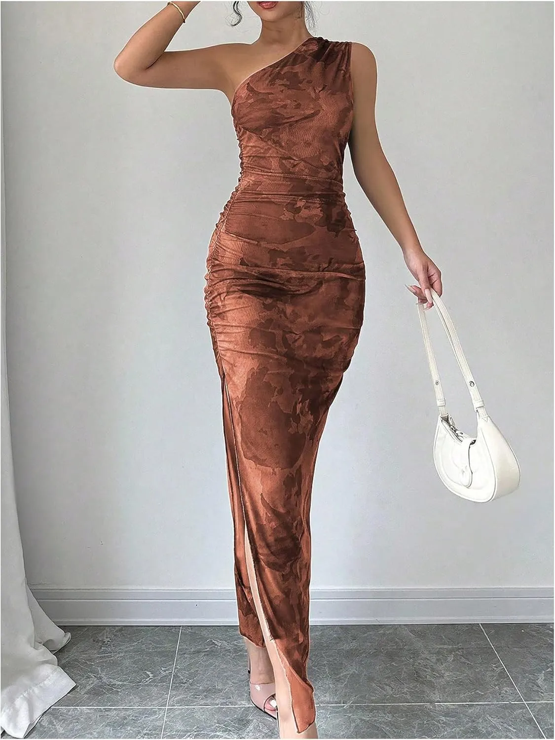 Milumia Women's Printed One Shoulder Bodycon Dresses Sleeveless Asymmetrical Neck Ruched Slit Maxi Dress