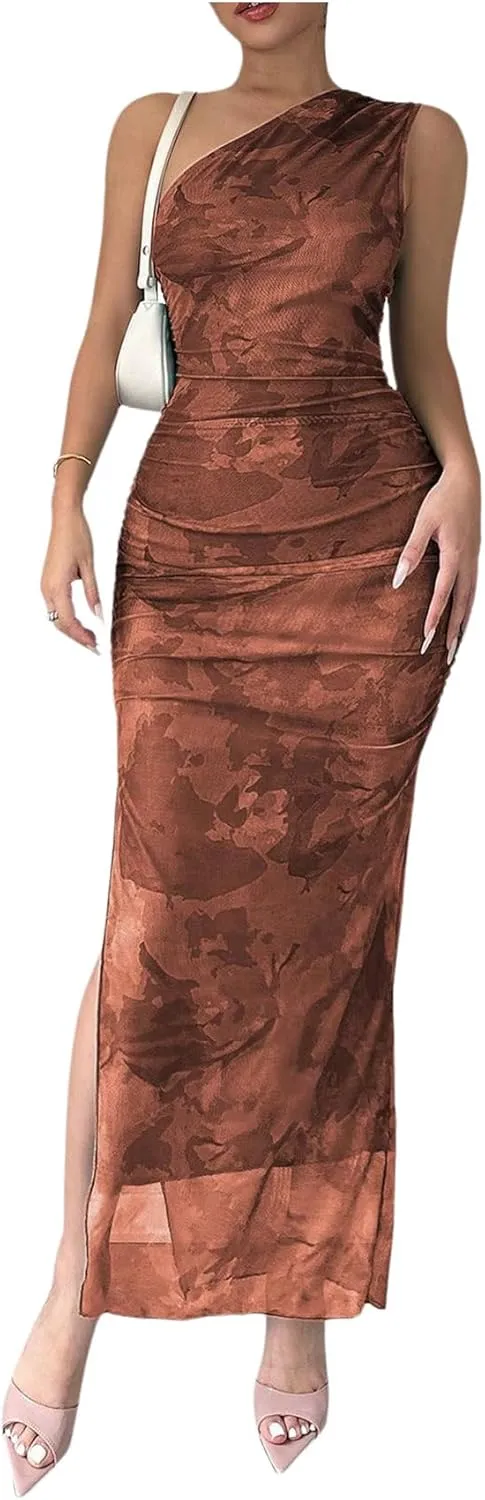 Milumia Women's Printed One Shoulder Bodycon Dresses Sleeveless Asymmetrical Neck Ruched Slit Maxi Dress