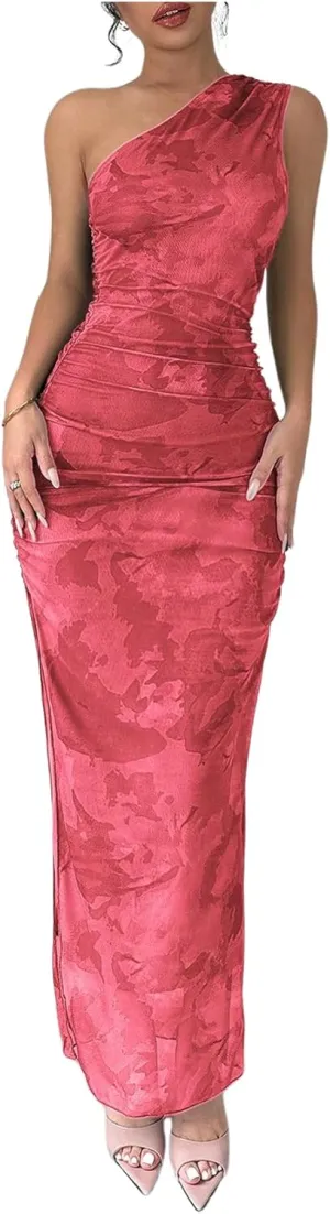 Milumia Women's Printed One Shoulder Bodycon Dresses Sleeveless Asymmetrical Neck Ruched Slit Maxi Dress