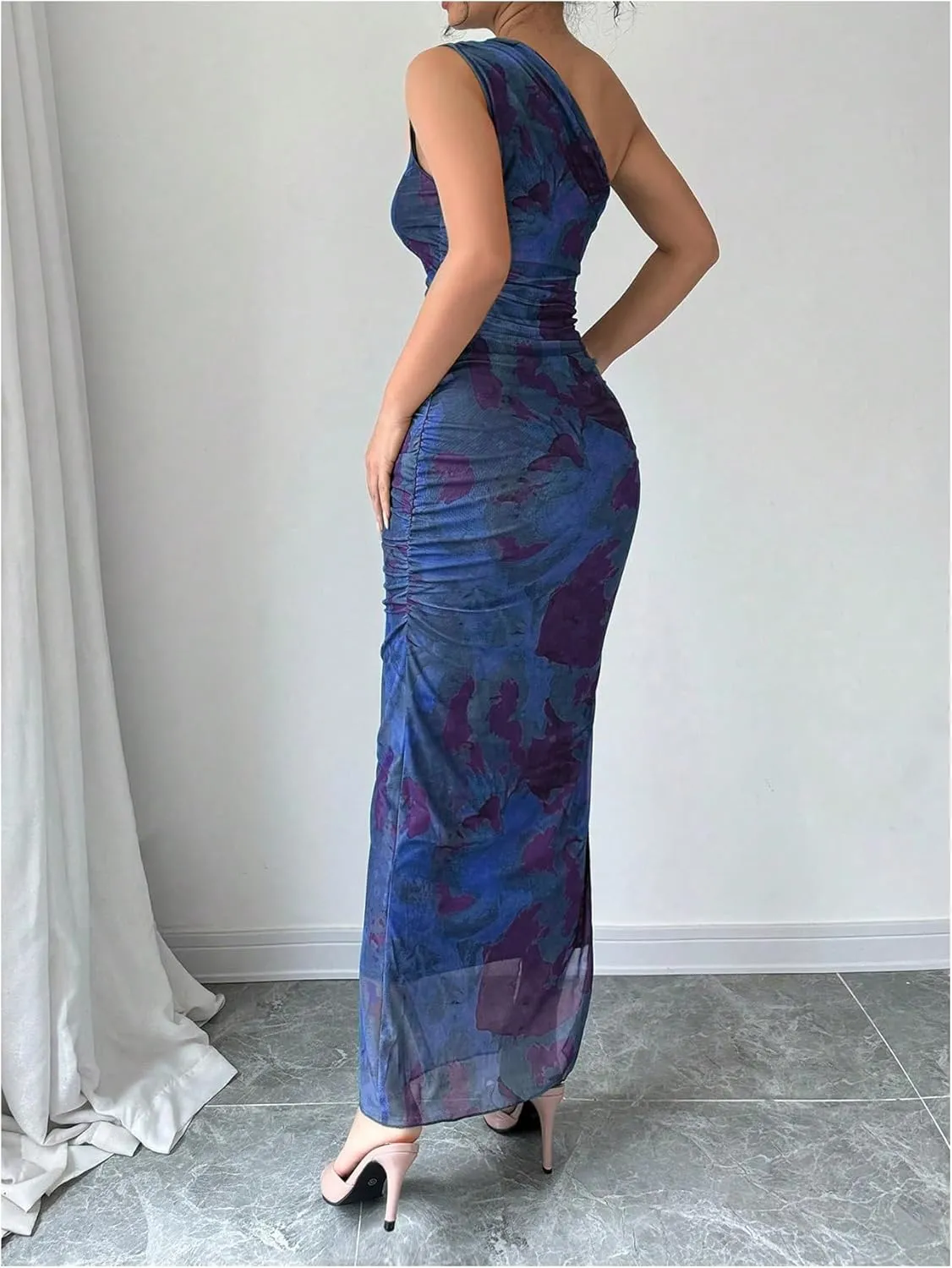 Milumia Women's Printed One Shoulder Bodycon Dresses Sleeveless Asymmetrical Neck Ruched Slit Maxi Dress
