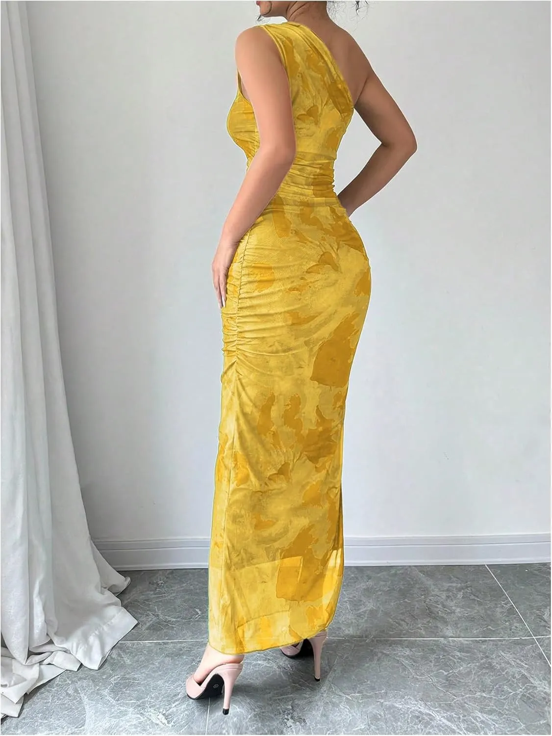 Milumia Women's Printed One Shoulder Bodycon Dresses Sleeveless Asymmetrical Neck Ruched Slit Maxi Dress