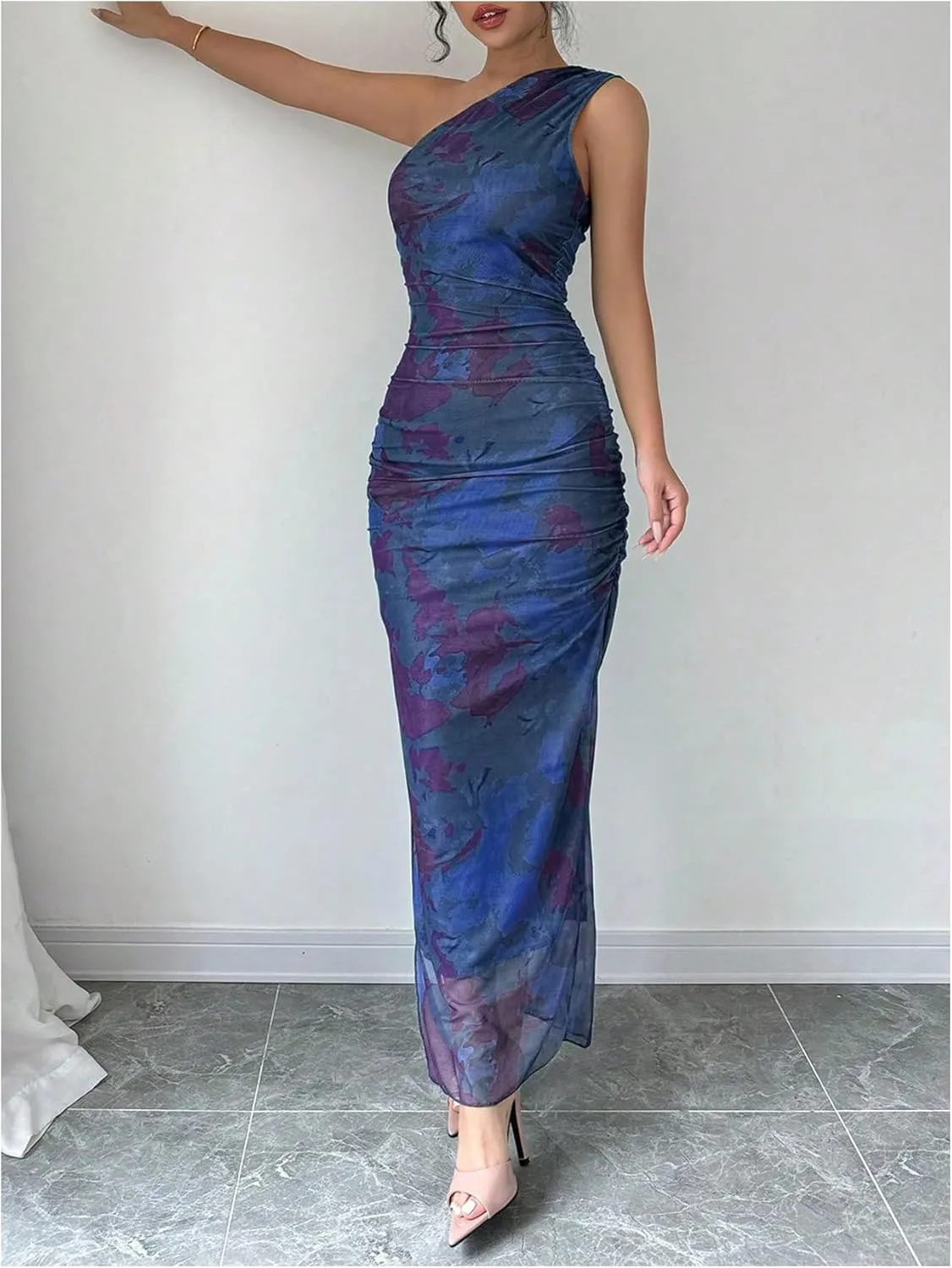 Milumia Women's Printed One Shoulder Bodycon Dresses Sleeveless Asymmetrical Neck Ruched Slit Maxi Dress