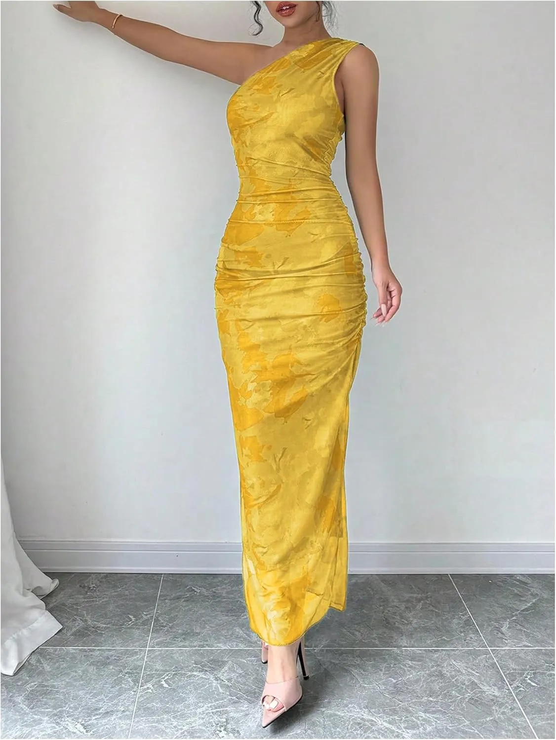 Milumia Women's Printed One Shoulder Bodycon Dresses Sleeveless Asymmetrical Neck Ruched Slit Maxi Dress