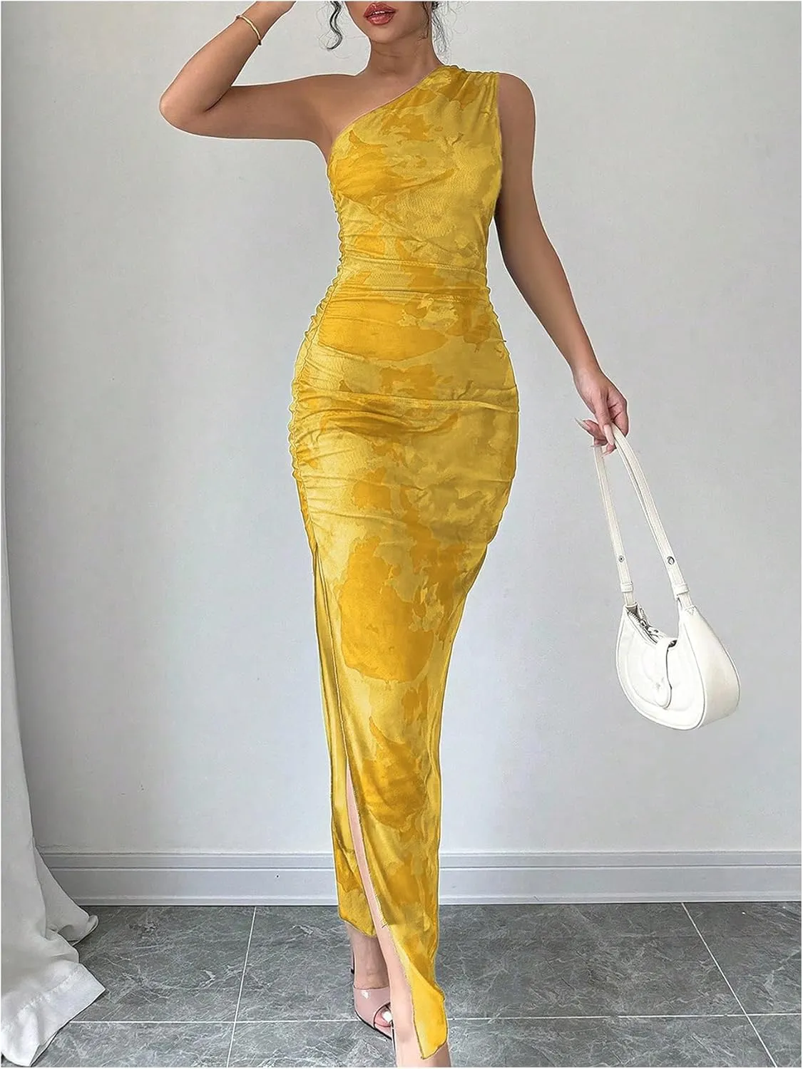 Milumia Women's Printed One Shoulder Bodycon Dresses Sleeveless Asymmetrical Neck Ruched Slit Maxi Dress