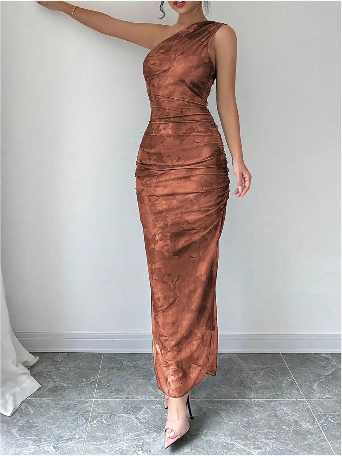 Milumia Women's Printed One Shoulder Bodycon Dresses Sleeveless Asymmetrical Neck Ruched Slit Maxi Dress