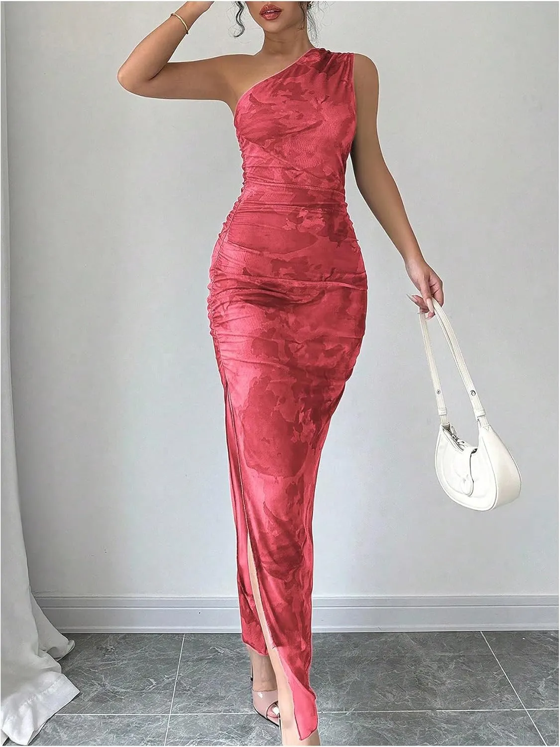 Milumia Women's Printed One Shoulder Bodycon Dresses Sleeveless Asymmetrical Neck Ruched Slit Maxi Dress