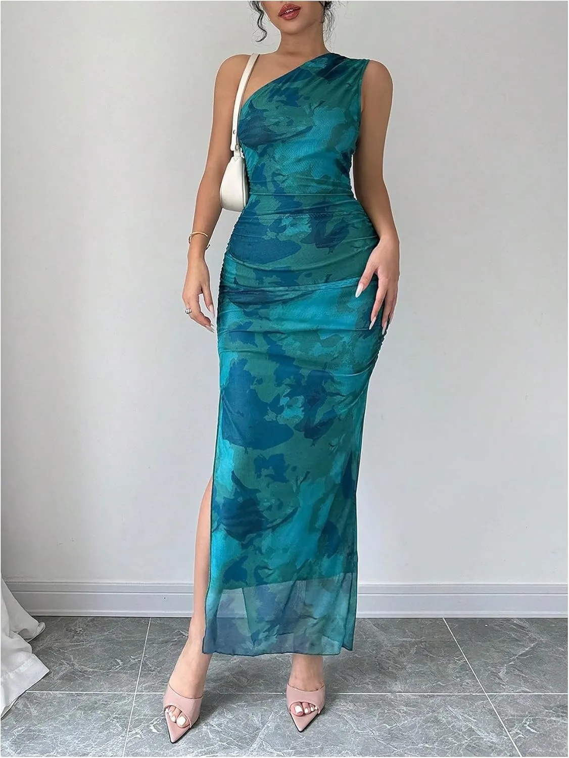 Milumia Women's Printed One Shoulder Bodycon Dresses Sleeveless Asymmetrical Neck Ruched Slit Maxi Dress